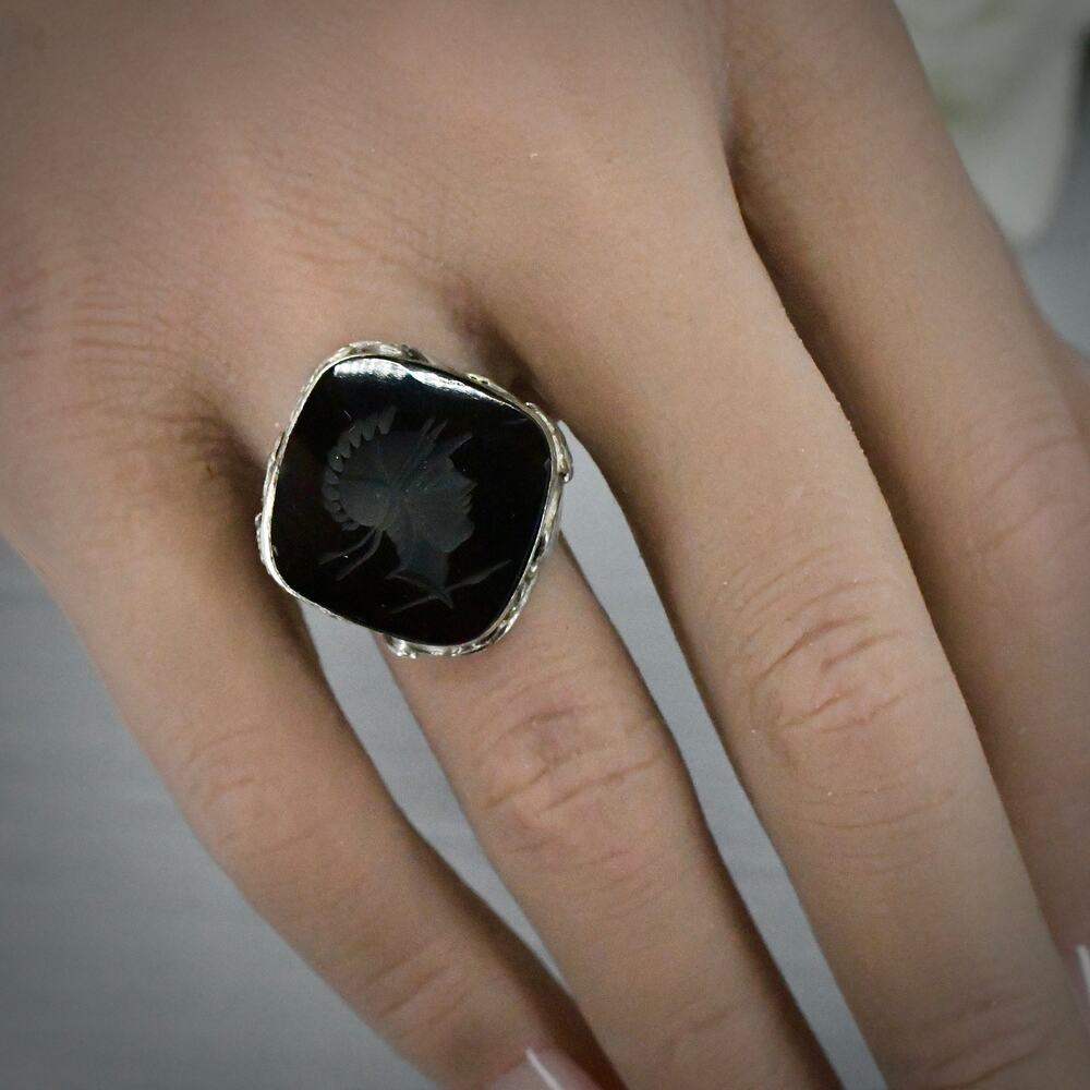 Estate Art Deco Filigree Ring Silver 5.16g Brown Sard Agate Solitaire Size 5.5